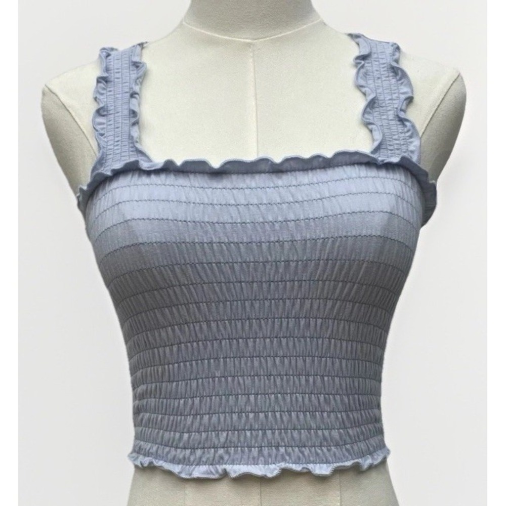 Hollister Womens Crop Top XS Light Blue Smocked Ruched Ruffle Strap Lettuce Trim